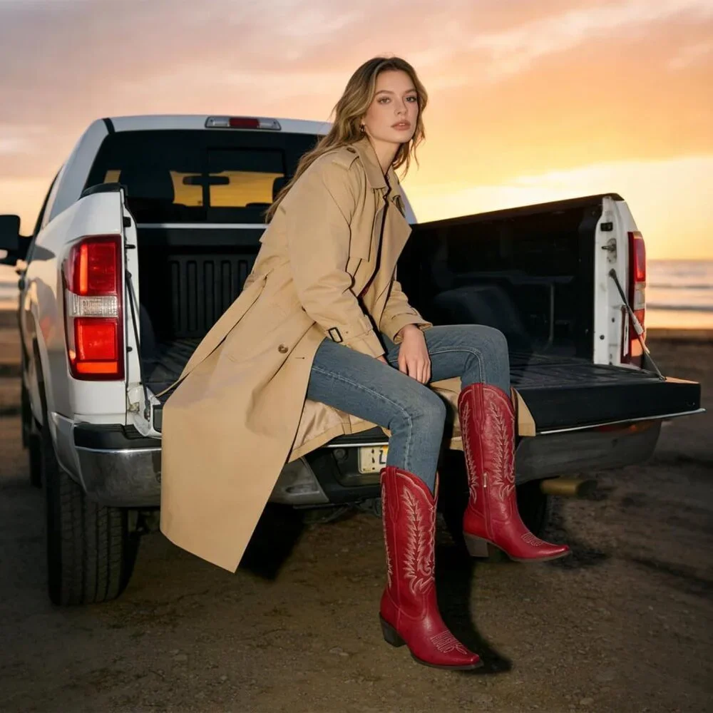 Women's Red Zipper Western Knee High Pointed Toe Chunky Heel Cowgirl Tall Boots